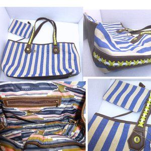 Nice Big Buddha large carry travel tote purse bag blue stripe canvas tweed